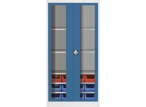 4250633342701 - mauser Sichtfenster-Flügeltürenschrank mit 12 Sichtlagerkästen lichtgrau   brillantblau