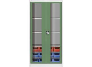 4250633342695 - mauser Sichtfenster-Flügeltürenschrank mit 12 Sichtlagerkästen lichtgrau   resedagrün