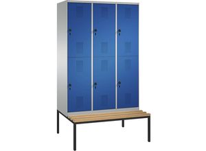 4060061552203 - EVOLO Garderobenschrank doppelstöckig mit Sitzbank 3 Abteile je 2 Fächer Abteilbreite 400 mm weißaluminium   enzianblau