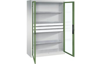 4064615179861 - Sichtfenster-Flügeltürschrank HxBxT 1950 x 1200 x 500 mm 3 Fachböden 3 Schubladen lichtgrau   resedagrün