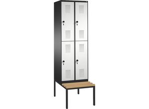 4060061551695 - EVOLO Garderobenschrank doppelstöckig mit Sitzbank 2 Abteile je 2 Fächer Abteilbreite 300 mm schwarzgrau   lichtgrau