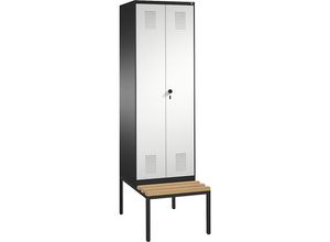 4056211281857 - EVOLO Garderobenschrank zueinander schlagende Türen mit Sitzbank 2 Abteile Abteilbreite 300 mm schwarzgrau   lichtgrau