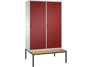 4059096740235 - EVOLO Garderobenschrank mit Sitzbank Tür über 2 Abteile 4 Abteile 2 Türen Abteilbreite 300 mm lichtgrau   rubinrot