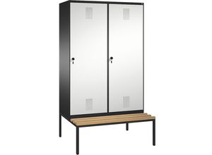 4056211613405 - EVOLO Garderobenschrank mit Sitzbank Tür über 2 Abteile 4 Abteile 2 Türen Abteilbreite 300 mm schwarzgrau   lichtgrau