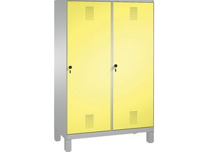 4059096746046 - EVOLO Garderobenschrank Tür über 2 Abteile mit Füßen 4 Abteile 2 Türen Abteilbreite 300 mm weißaluminium   schwefelgelb