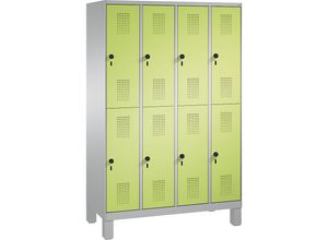 4059369590536 - EVOLO Garderobenschrank doppelstöckig mit Füßen 4 Abteile je 2 Fächer Abteilbreite 300 mm weißaluminium   viridingrün