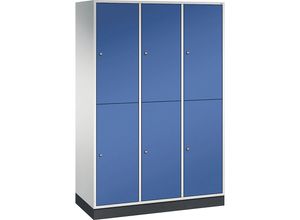 4061261154457 - INTRO doppelstöckiger Stahl-Garderobenschrank BxT 1220 x 500 mm 6 Fächer Korpus lichtgrau Türen enzianblau