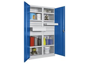 4055479855701 - - Schwerlastschrank Vollblechtüren mit Trennwand 6 beschichtete Böden Schubl 6x752x125 2x175 mm BxTxH 1040x630x1950 mm ral 7035 5010