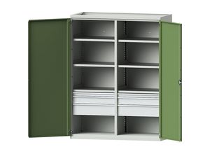 4014641095703 - eurokraft pro Schwerlastschrank JUMBO aus Stahlblech 6 Fachböden Schubladen 2 x 60 mm 2 x 120 mm 2 x 180 mm hoch lichtgrau resedagrün