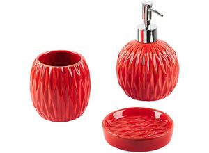 4251682280136 - Beliani - Badezimmer Set Rot Naturstein Dolomit 3-teilig mit Struktur Muster Zahnputzbecher Seifenschale Seifenspender Bad-Accessoires - Rot