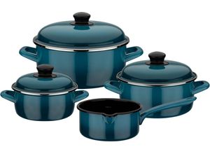 4005643190107 - Topf-Set Blue Shadow Emaille (Set 7-tlg je 1 Kochtopf 16 20 24 cm 1x Stielkasserolle 16 cm) Induktion blau