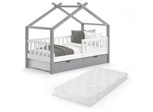 4066731126859 - VitaliSpa Kinderbett Hausbett Einzelbett Design Weiß Grau modern 80x160 cm Kinderzimmer Bett Massivholz Lattenrost Schublade Rausfallschutz Schubladenbett Matratze