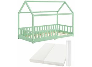 Image of Kinderbett Marli 90 x 200 cm mit Matratzen, Rausfallschutz, Lattenroste & Dach - Massivholz Hausbett für Kinder - Bett in Mint - Juskys