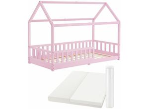 Image of Kinderbett Marli 90 x 200 cm mit Matratzen, Rausfallschutz, Lattenroste & Dach - Massivholz Hausbett für Kinder - Bett in Rosa - Juskys