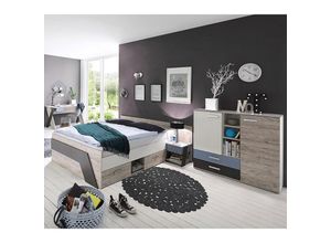 4251581558565 - Lomadox - Jugendzimmer mit Bett 140x200 cm und Schreibtisch 4-teilig LEEDS-10 in Sandeiche Nb mit weiß Lava und Denim Blau - grau