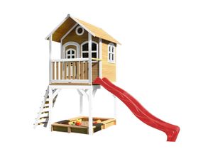 8717973932895 - Spielhaus Sarah mit Sandkasten & roter Rutsche Stelzenhaus in Braun & Weiß aus fsc Holz für Kinder Spielturm mit Wellenrutsche für den Garten - Braun