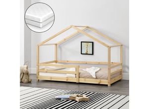 4059438591662 - [encasa] - Kinderbett Knätten 70x140 cm mit Rausfallschutz + Lattenrost + Kaltschaummatratze Natur Hellbraun