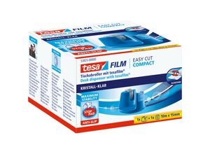 4042448260291 - Film Tischabroller Compact - Klebebandspender mit Anti-Rutsch-Boden für sicheren Halt - Mit transparenter Kleberolle 10 m x 15 mm - Blau - blau - Tesa