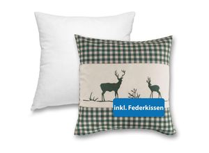 4251474134630 - Wometo - Kissenbezug Kissenhülle 40x40 cm Hirsch grün mit Federkissen Füllung OekoTex - Reißverschluss Landhaus-Stil Dekokissen Zierkissen Stick