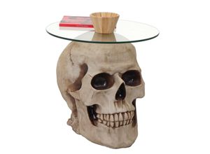 4057651272825 - Beistelltisch Totenkopf MCW-A19 Glastisch Wohnzimmertisch Couchtisch Totenschädel Polyresin rund Ø55cm natur