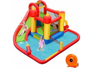 0736542322873 - Costway - Aufblasbare Hüpfburg + 610W Geblaese Kombination mit Rutsche Wasserbecken Springburg Hüpfschloss Outdoor Bouncer Spielpool Luftgeblaese