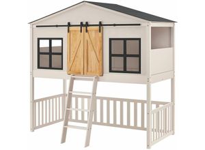 4260565525899 - Kinderbett Farmhaus 90 x 200 cm mit Treppe Dach & Fenster – Hochbett rosa für Kinder – Lattenrost bis 150 kg – Hausbett aus Massivholz - Juskys