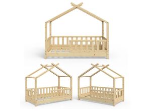 4251421941847 - VITALISPA Kinderbett Hausbett DESIGN 70x140cm Natur Zaun Kinder Holz Haus Hausbett