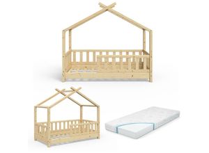 4251421942523 - VITALISPA Kinderbett Hausbett DESIGN 70x140cm Natur Zaun Kinder Holz Haus Hausbett mit Matratze