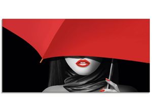Image of Glasbild ARTLAND "Rote Lippen unter dem Regenschirm" Bilder Gr. B/H: 100 cm x 50 cm, Glasbild Frau Querformat, 1 St., rot Glasbilder