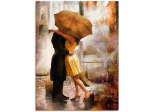 Image of Wandbild ARTLAND "Kuss unter Regenschirm" Bilder Gr. B/H: 60 cm x 80 cm, Leinwandbild Bilder von Liebespaaren Hochformat, 1 St., beige (naturfarben) Kunstdrucke