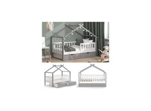 4066731126798 - VitaliSpa Kinderbett Hausbett Einzelbett Design Weiß Grau modern 80x160 cm Kinderzimmer Bett Massivholz Lattenrost Schublade Rausfallschutz Schubladenbett