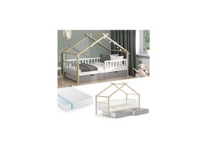 4066731126880 - VitaliSpa Kinderbett Hausbett Einzelbett Design Weiß Grau Natur modern 90x200 cm Kinderzimmer Bett Massivholz Lattenrost Schublade Rausfallschutz Schubladenbett Matratze