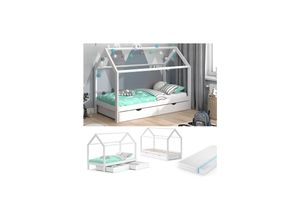 Image of VITALISPA Kinderbett Hausbett Schubladen Bett Holz Kinderhaus weiß 90x200 cm + Matratzen