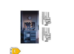 4066731346264 - Schminktisch Sherry Weiß 140 cm mit LED Beleuchtung Hocker und Spiegelregal Vicco