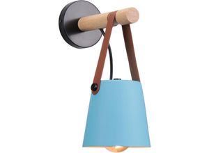 Image of Wandleuchte aus Holz Innen, Moderne Wand Lampe mit Leder Lampenschirm, Eisen Wandbehang Lampe für Schlafzimmer Wohnzimmer Korridor (Blau)