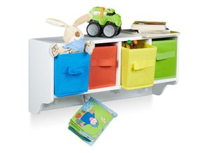 4052025203542 - Kinder Wandregal albus Wandgarderobe mit 4 Kleiderhaken Kinderregal mit 4 bunte Faltboxen hbt ca 28 x 61 x 16 cm weiß - Relaxdays