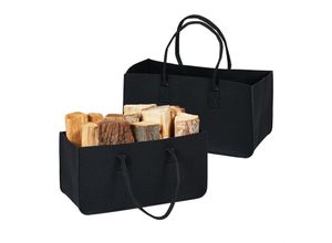 4052025470234 - Kaminholztasche aus Filz 2er Set 28 l Volumen xxl Filztasche für Kaminholz tragbarer Holzkorb schwarz - Relaxdays