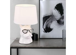 Image of Tischlampe Nachttischlampe Keramik für Schlafzimmer Esszimmerlampe Tischleuchte Modern, Hund mit Brille chrom weiß, Textil, 1x E14 Fassung, DxH 18x29