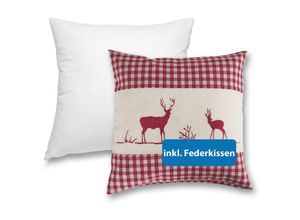 4251474134616 - Kissenbezug Kissenhülle 40x40 cm Hirsch rot mit Federkissen Füllung OekoTex - Reißverschluss Landhaus-Stil Dekokissen Zierkissen Stick kariert heller