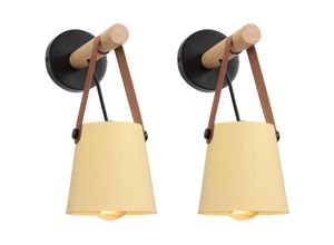 Image of 2er Wandleuchte aus Holz Innen, Moderne Wand Lampe mit Leder Lampenschirm, Eisen Wandbehang Lampe für Schlafzimmer Wohnzimmer Korridor (Gelb)