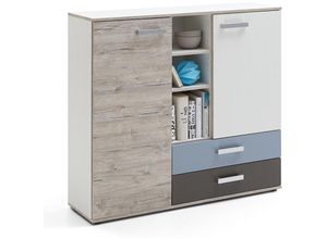 4251324901764 - Lomadox - Highboard Kommode LEEDS-10 mit 2 Türen und 2 Schubkästen Sandeiche Nb weiß Lava Denim b x h x t ca 1169 x 105 x 33 cm - grau