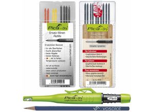 9010582010619 - Vasalat - Pica Marker Set - Pica Dry Tieflochmarker mit 10 Ersatzminen Härte h für Tischler und 8 Ersatzminen graphit 2B rot gelb