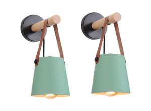 Image of 2er Wandleuchte aus Holz Innen, Moderne Wand Lampe mit Leder Lampenschirm, Eisen Wandbehang Lampe für Schlafzimmer Wohnzimmer Korridor (Grün)