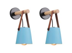 Image of 2er Wandleuchte aus Holz Innen, Moderne Wand Lampe mit Leder Lampenschirm, Eisen Wandbehang Lampe für Schlafzimmer Wohnzimmer Korridor (Blau)