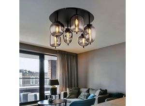 9007371464470 - - Deckenleuchte Deckenlampe Esszimmerlampe Glas rauchfarben 6 flammig Metall schwarz 6x E14 Fassungen DxH 65x38cm