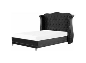 4251682225250 - Bett Schwarz Samtstoff 160 x 200 cm hohes Kopfteil mit Knopfheftung Nieten Chesterfield Stil Glamour Doppelbett Königsbett Ehebett Schlafzimmer