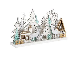 4262371537578 - Spetebo - Holz Winterlandschaft 30 cm beleuchtet - 15 led warmweiß - Weihnachts Fenster Deko Aufsteller Winter Haus Silhouette