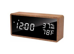 Image of Elektronischer Wecker, Digitaler Wecker aus Holz mit 3 Alarmeinstellungen, USB-betriebene Digitaluhr mit Zeit-, Temperatur- und
