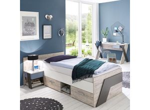 4251324911473 - Lomadox - Jugendzimmer Set mit Schreibtisch 3-teilig LEEDS-10 in Sandeiche Nb mit weiß Lava und Denim Blau - grau