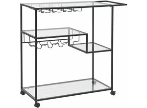 4251682277488 - Servierwagen Transparent und Schwarz Glas rechteckig mit Griff Rollen Flaschenhalter Gläserhalter Metallgestell für Küche Terrasse Wohnzimmmer